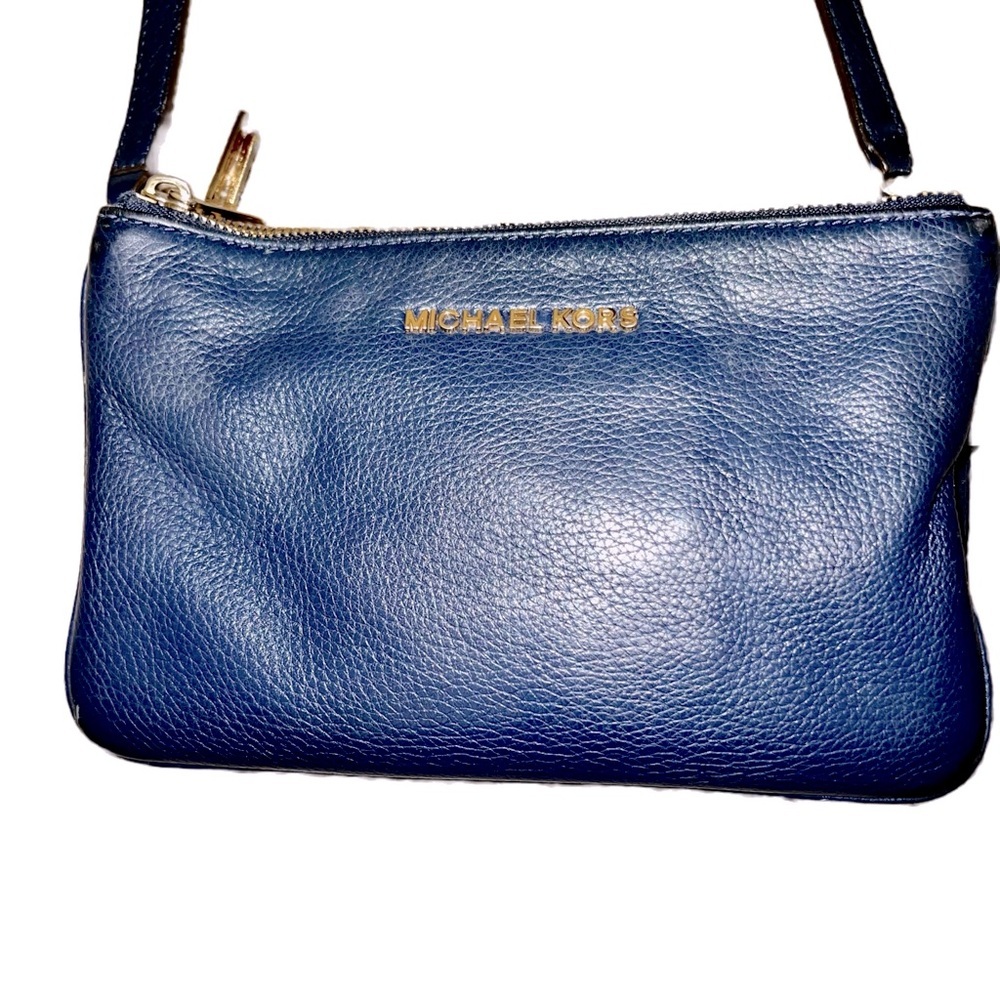 Michael Kors Navy Blue Small Purse JetSet Pebbled Leather Crossbody Bag Gold zip
